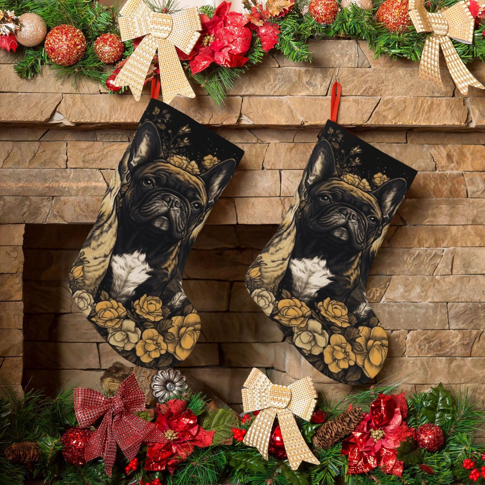 KLOPH Christmas Stockings 18" Personalized Xmas Stocking Three French Bulldogs Decoration Stockings Hanging Ornaments Fireplace Stocking for Holiday Xmas Tree Christmas Decor