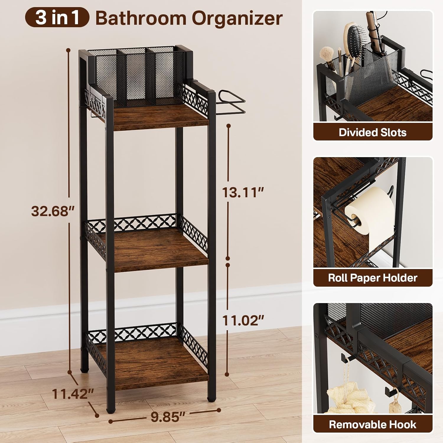 3-Tier Bathroom Shelf Organizer with Hair Dryer Holder and Toilet Paper Hook, 9.85" Slim Metal Stand for Small Spaces, Holds 50lbs - Freestanding Storage for Towels, Toiletries Black