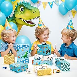WERNNSAI Boys Wrapping Paper Rolls - 3 Rolls 17 x 120 Happy Birthday Wrapping Paper for Boys Birthday Dinosaur Game Construction Party Favor 3 Different Design Gift Wrap Paper