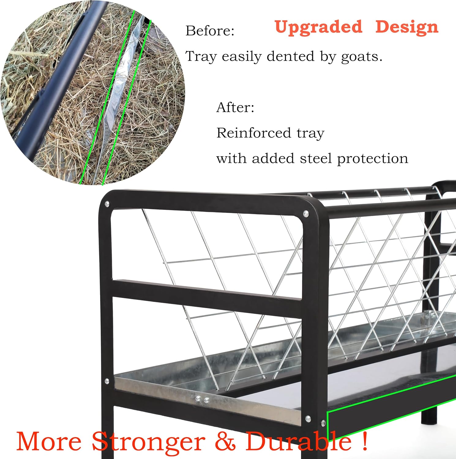 Goat Hay Feeder with Rack, Pasture Hay Grain Feeder for Goats, 59 in Long Outdoor Hay Rack Feeder 2 in 1 with All Steel Frame for Goat,Sheep, Horse, Small Livestock