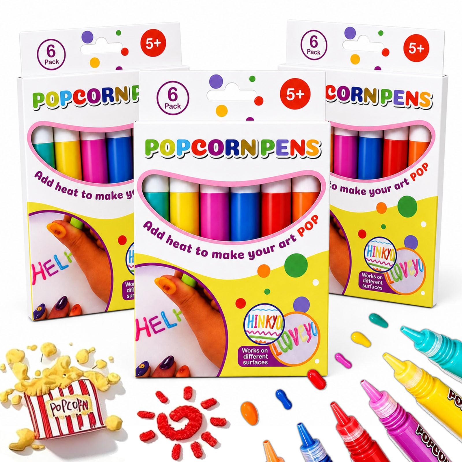 Popcorn Pens, Popcorn Pens Puffy 3D Art Marker Set for Kids, Colorful Bubble Drawing Pens for Birthday Cards, Greeting Cards, DIY Crafts, School Projects and Creative Activities (3PCS)