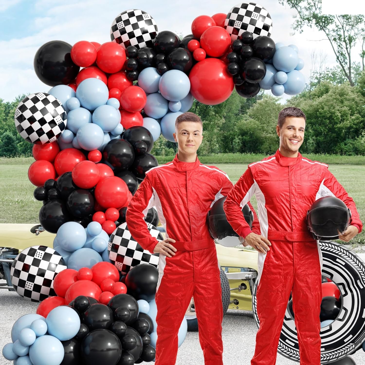 132pcs Race Car Balloons Arch Garland Kit, 18 12 10 5Inch Red Blue Black Checkered Wheel Tire Balloons for Race Car Birthday Party Decorations Two Fast Birthday Decor - Image 7