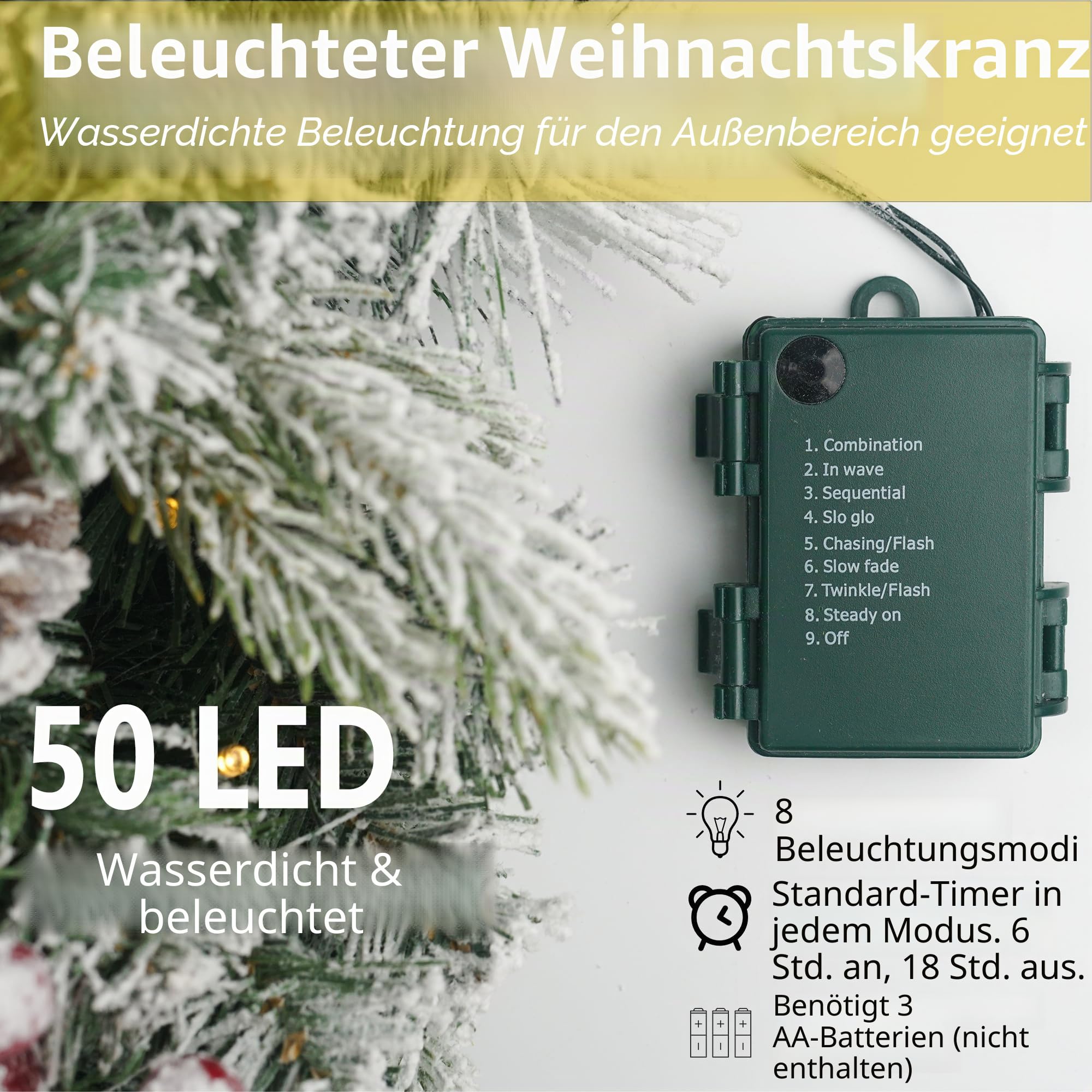 Beflockter Weihnachtskranz Vorbeleuchtet 61.0 cm mit 50 Licht & Rot Kugel Tannenzapfen Künstliche Weihnachtskränze für Haustür mit Lichtern Kranz für Weihnachtsdekoration Tür Fenster Wand Grün