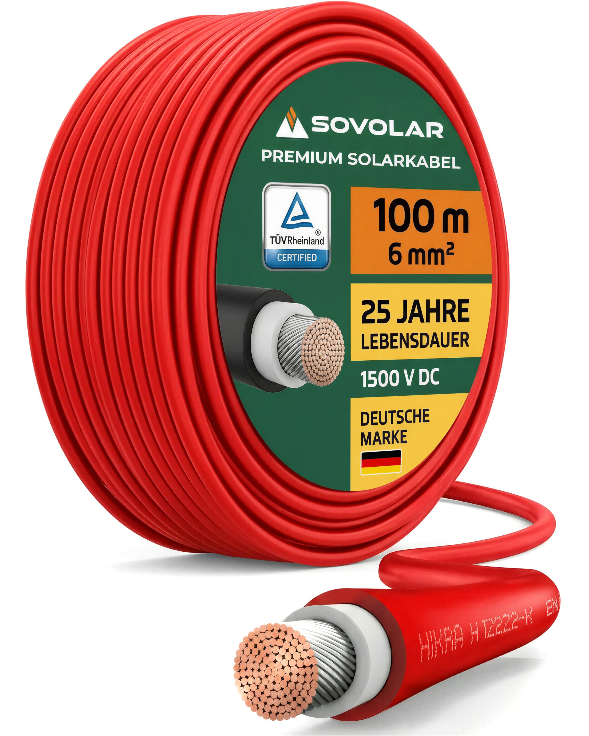 Sovolar Premium Solar Cable 6 mm² Roll TÜV Certified UV-Resistant Flexible Photovoltaic Cable PV Cable Solar Connection Cable Solar Panel Inverter for Private Customers with 0% VAT (Red, 100 m)