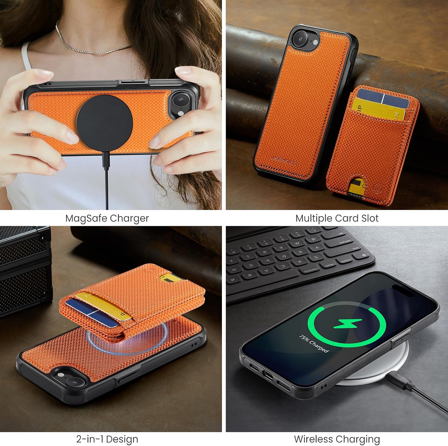 for iPhone 17E & 16E MagSafe Wallet Case, 2-in-1 Detachable Luxury Card Holder, Universal MagSafe Compatible, RFID Blocking, Shockproof Kickstand Slim Cover， Vanilla Orange