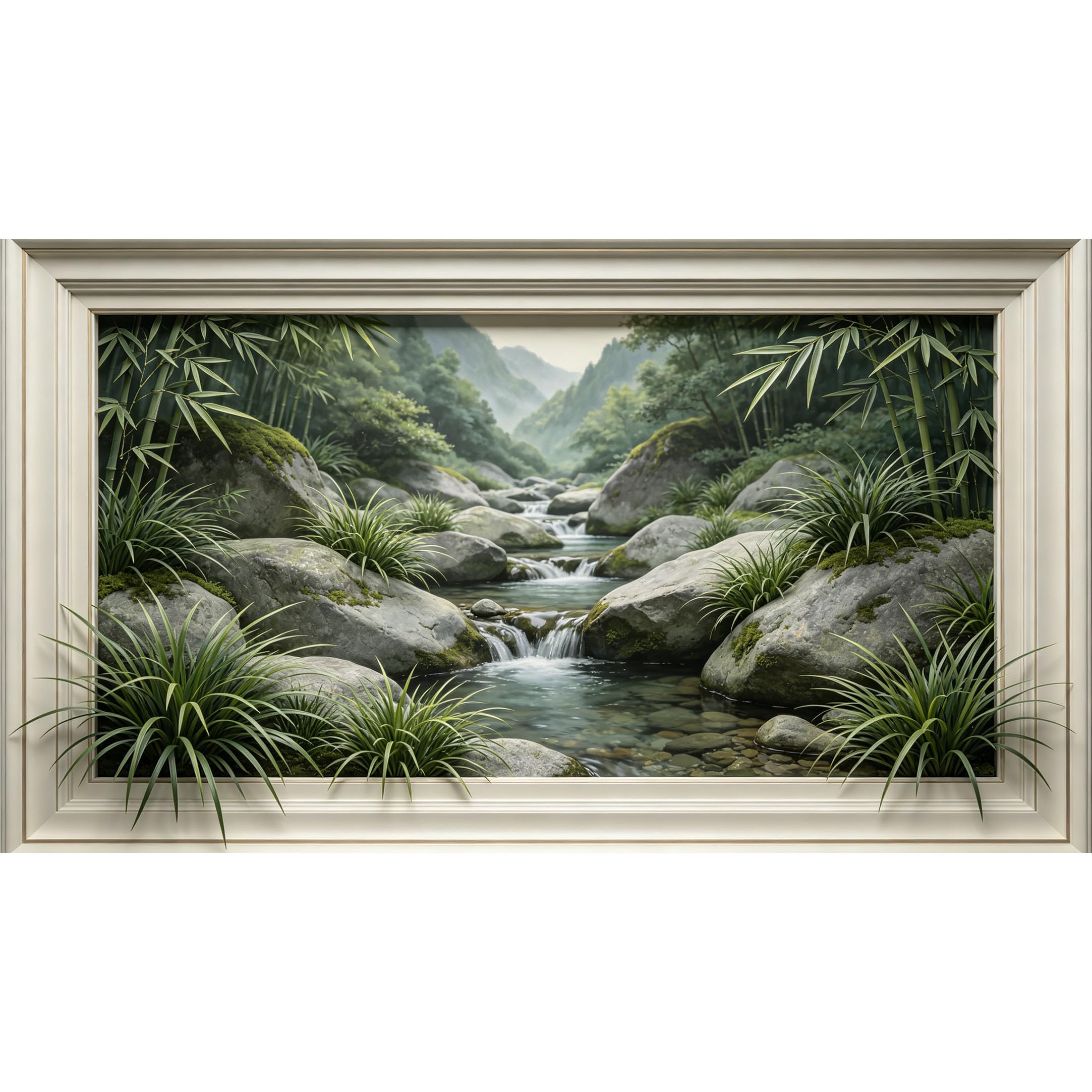 QZLITHOTIC 50×90cm3D Framed Wall Art， Zen Mountain Stream Bamboo Landscape 3D Trompe l'oeil SelfAdhesive Mural， WaterActivated Peel & Stick Fabric Decor Wall Decal for Bedroom Living Room