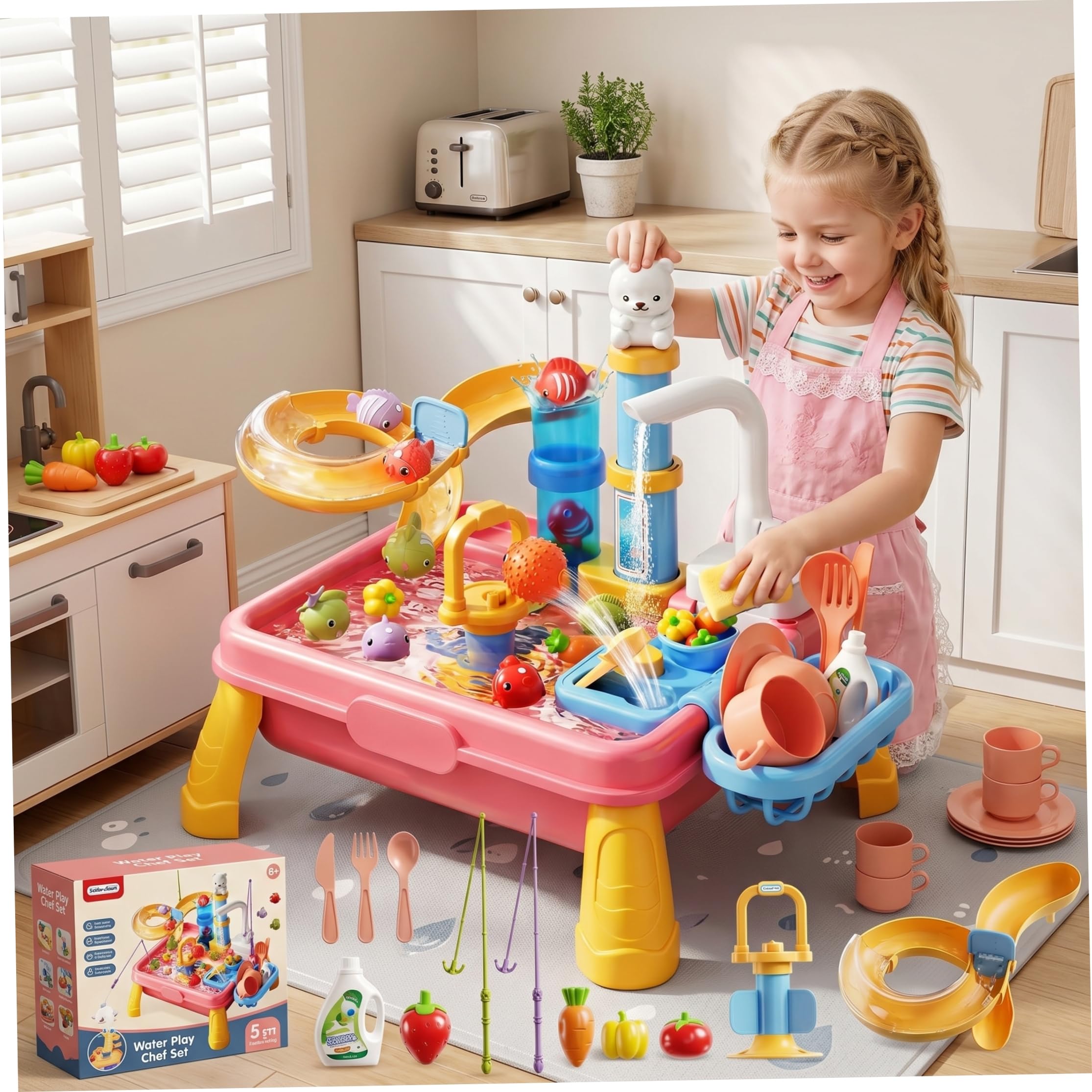 Lavandino Giocattolo con Acqua Corrente Tavolo da Gioco Acquatico 7 in 1 per Bambini con Giocattolo da Pesca Cucina realistica per Giochi di Ruolo circolazione Automatica per Bambini Style1