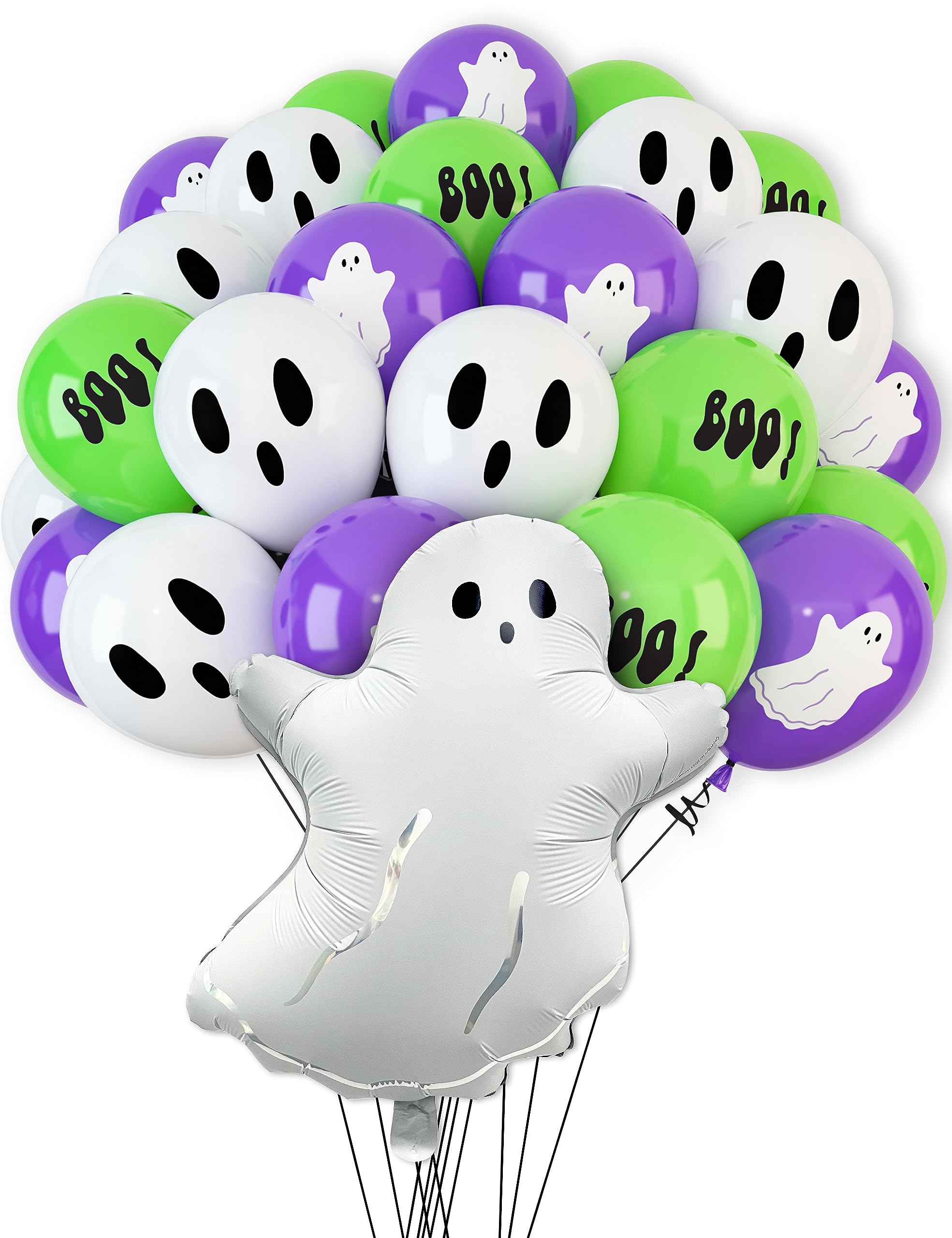 HOUSE OF PARTY 20'' Ghost Foil Balloons With 50 Pieces White Purple Ghost Green Boo Latex Balloons for Halloween Party Decorations, Birthdays Party Supplies