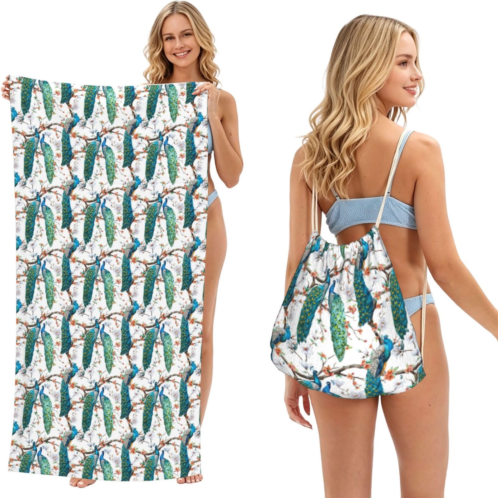 ESNAIUVCD Beautiful Peacock Flowers Print Beach Towel For Adults,Towel With Drawstring Bag, Travel Pool Swimming Sports Shower Sand Free Quick