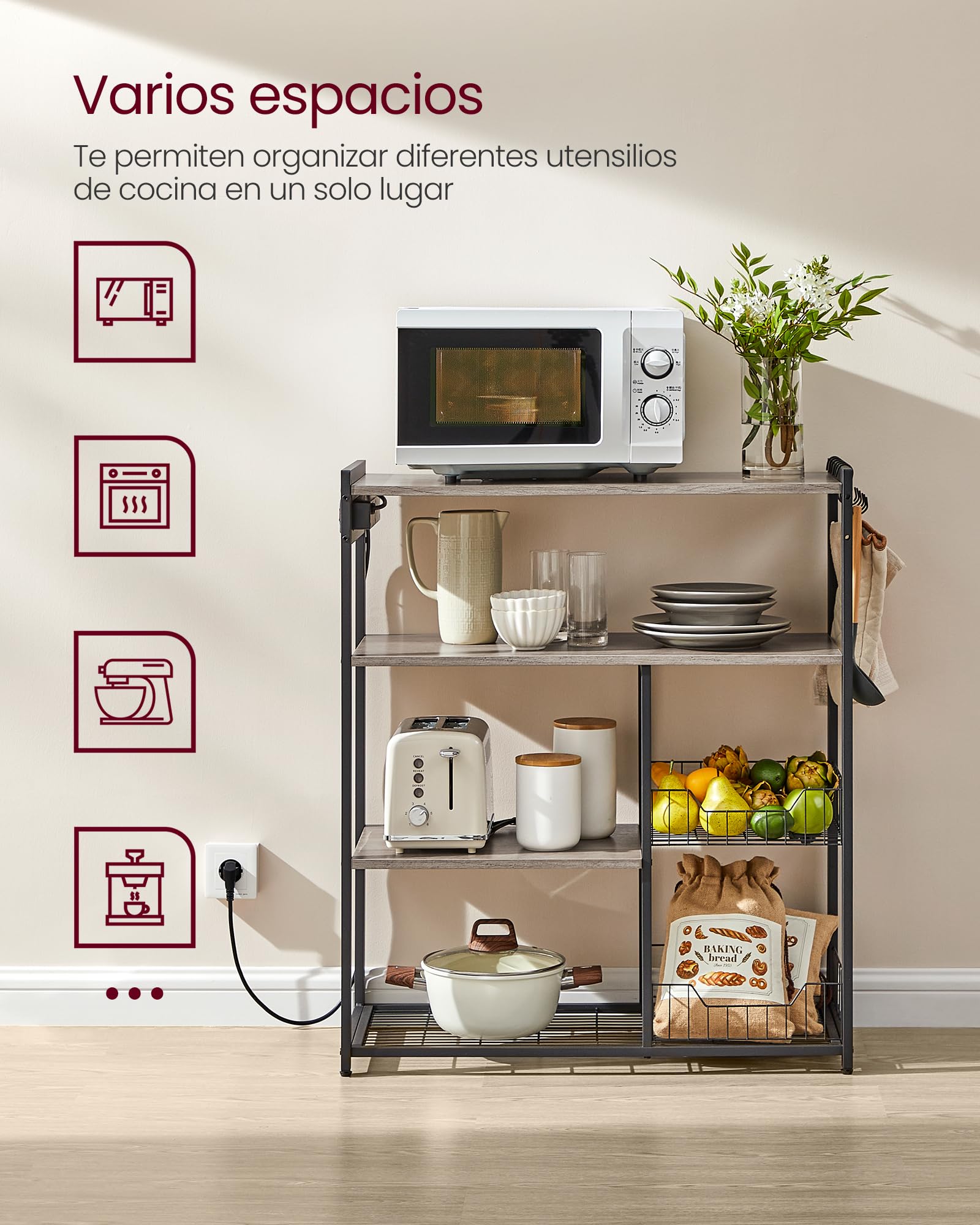 VASAGLE Estantería de Cocina con Enchufes, 2 Cestas de Malla, Estantería para Microondas, con Estantes y Ganchos, 35 x 80 x 93,5 cm, Estilo Industrial, Greige Mélange y Negro Tinta KKS196K02