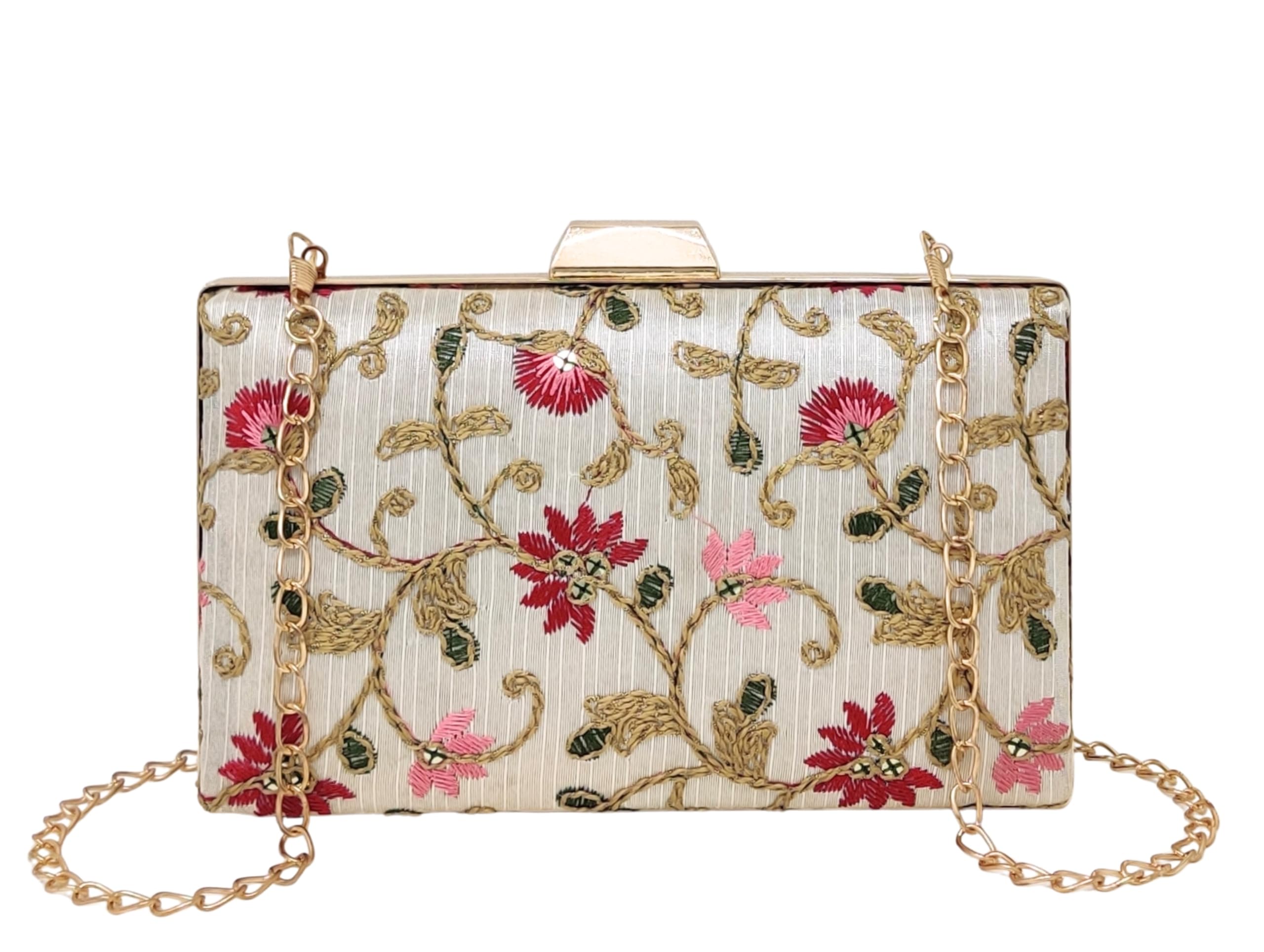 ailtino Floral Embroidered Clutch Bag for Women, Multi-Colour, with Detachable Metal Sling Chain, Top Snap Closure, Size 20x12x4 cm-picture-51