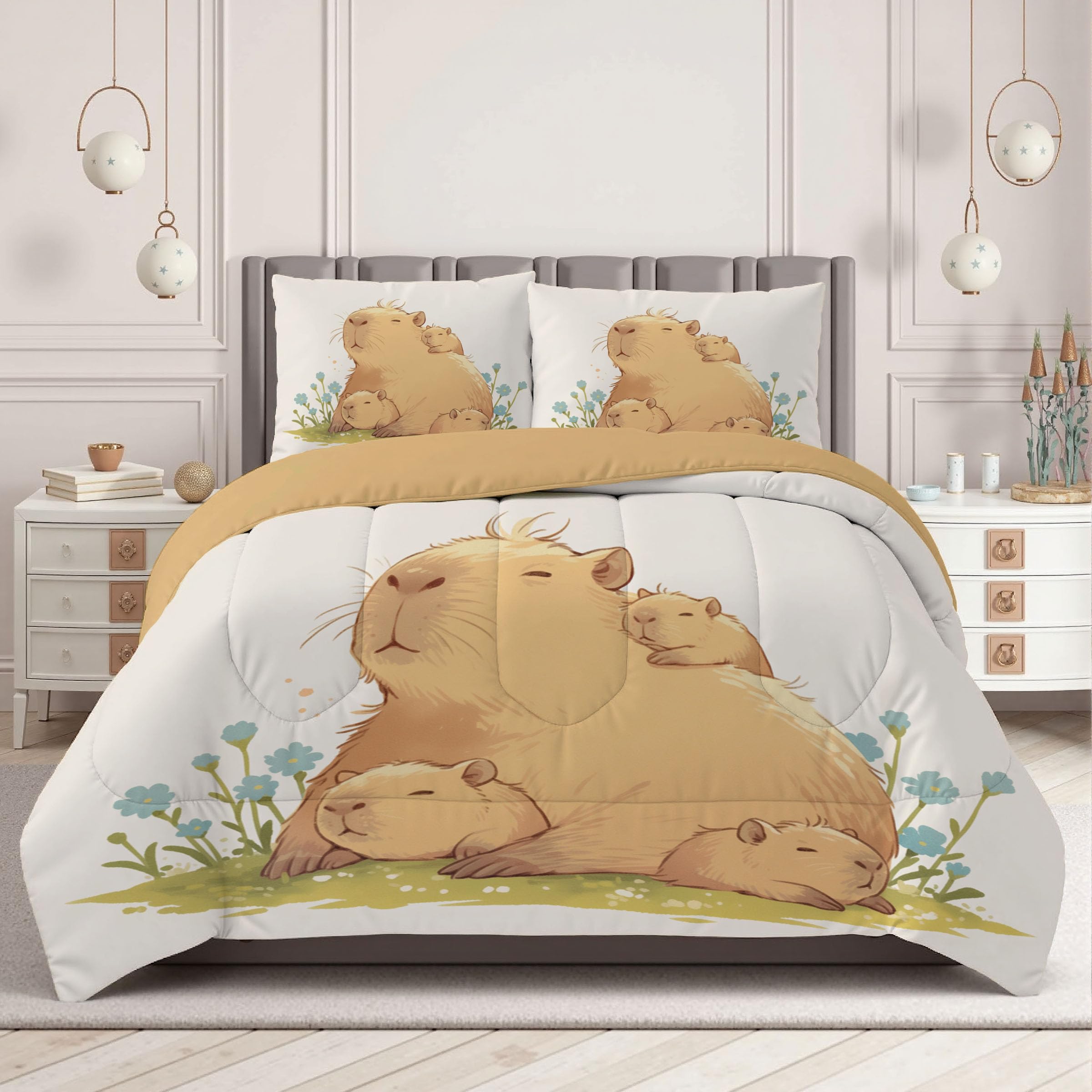 Trapunta Invernale in Ecopiuma, 260x230cm Set Piumone Libri Per Bambini Imbottita 200 gr/mq Caldo e Morbido Piumino Trapuntato Capibara Carini Coperta Letto Reversibile per 4 Stagioni, Marrone Chiaro