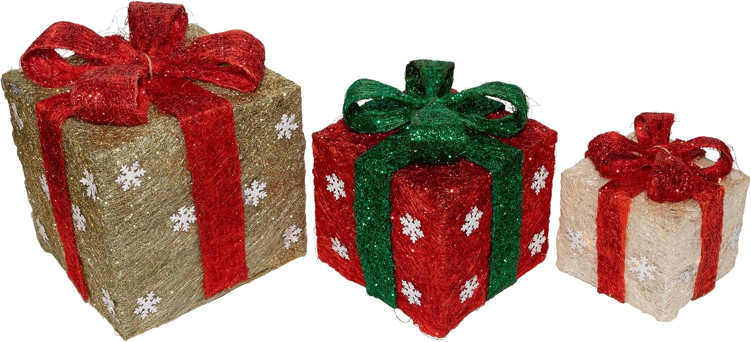 Lighted Gift Boxes Christmas Outdoor Decorations - 10" - Red and Gold - Set of 3