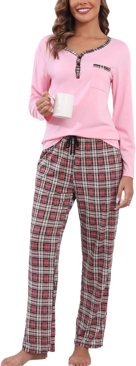 Womens long Sleeve Pajamas Sets 2 Piece Tops and Plaid Pants PJ Set Loungewear Sleepwear with Pockets