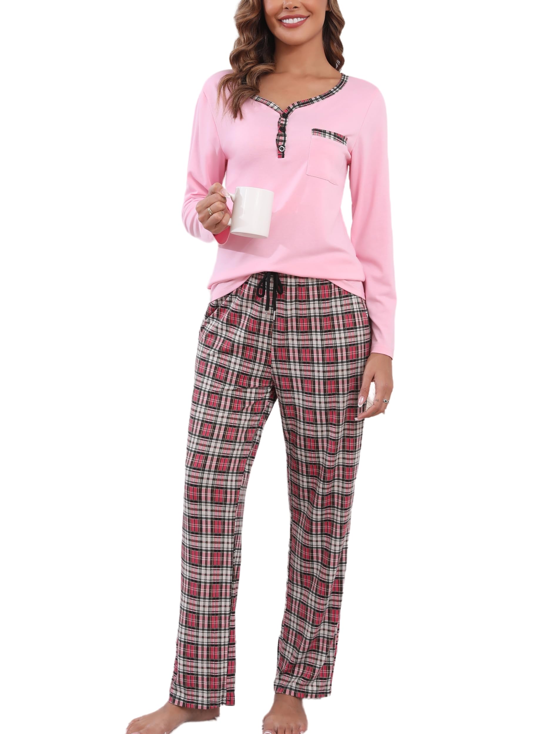 Yukiuiny Schlafanzug Damen Lang Zweiteilig Pyjama Set Baumwolle Nachtwäsche V Ausschnitt Langarm Sleepshirt Lange Karierte Hose