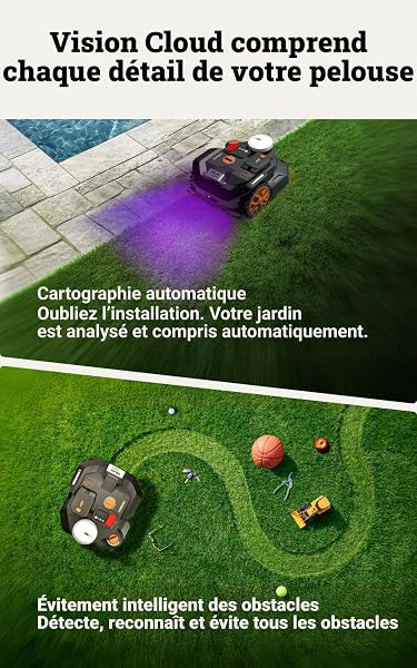 WORX Vision Cloud 2WD Robot Tondeuse WR306E, sans Fil périphérique, jusqu'à 600 m² (évitement d'obstacles par IA, Navigation VSLAM + RTK Cloud, cartographie Auto, contrôle Via l'app, Cut-to-Zero) - 2