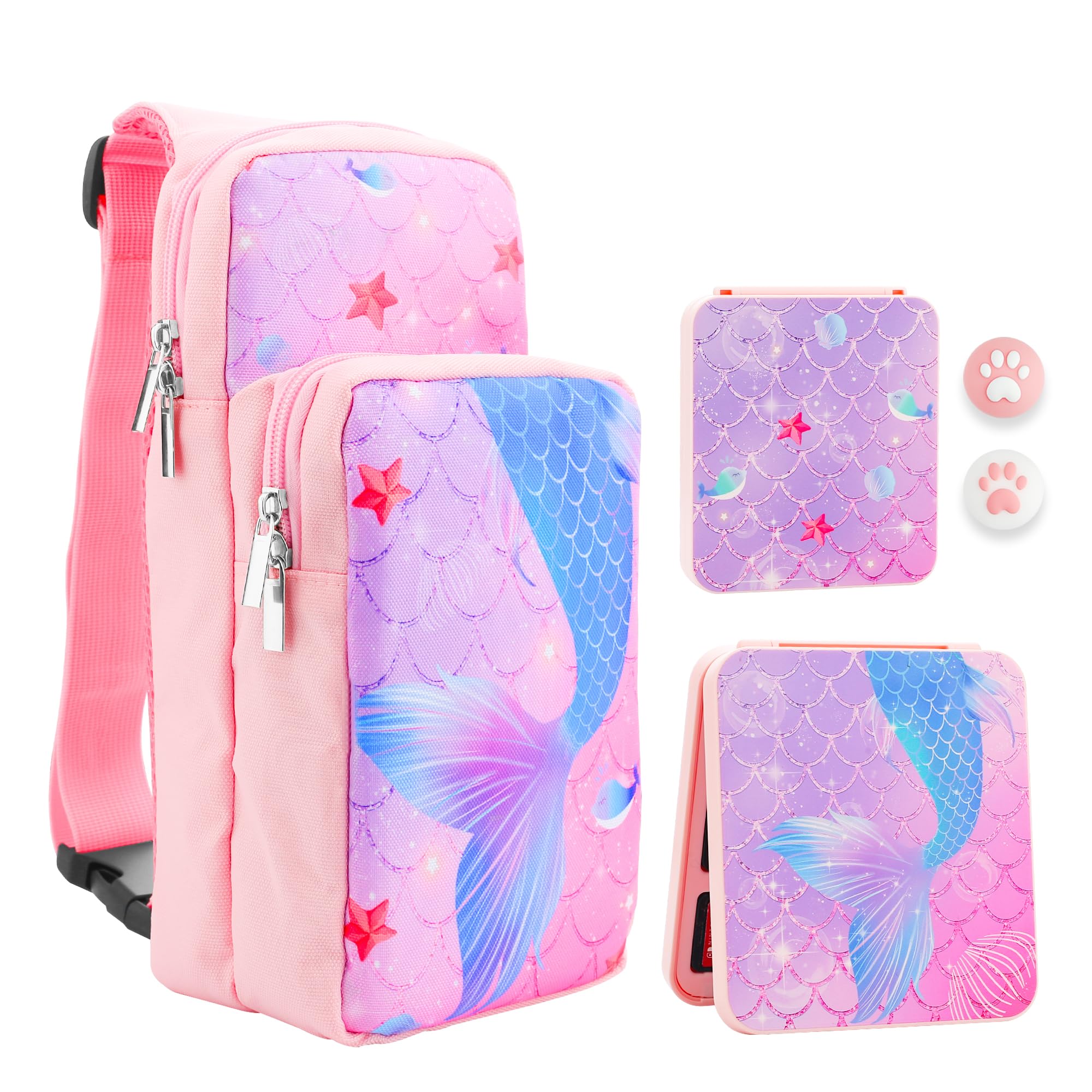 RHOTALL Portable Travel Carrying Case Compatible with Nintendo Switch/Oled/Lite, Large Capacity Shoulder Bag with 12 Slots Game Case, Thumb Grip Caps (Fish Tail)