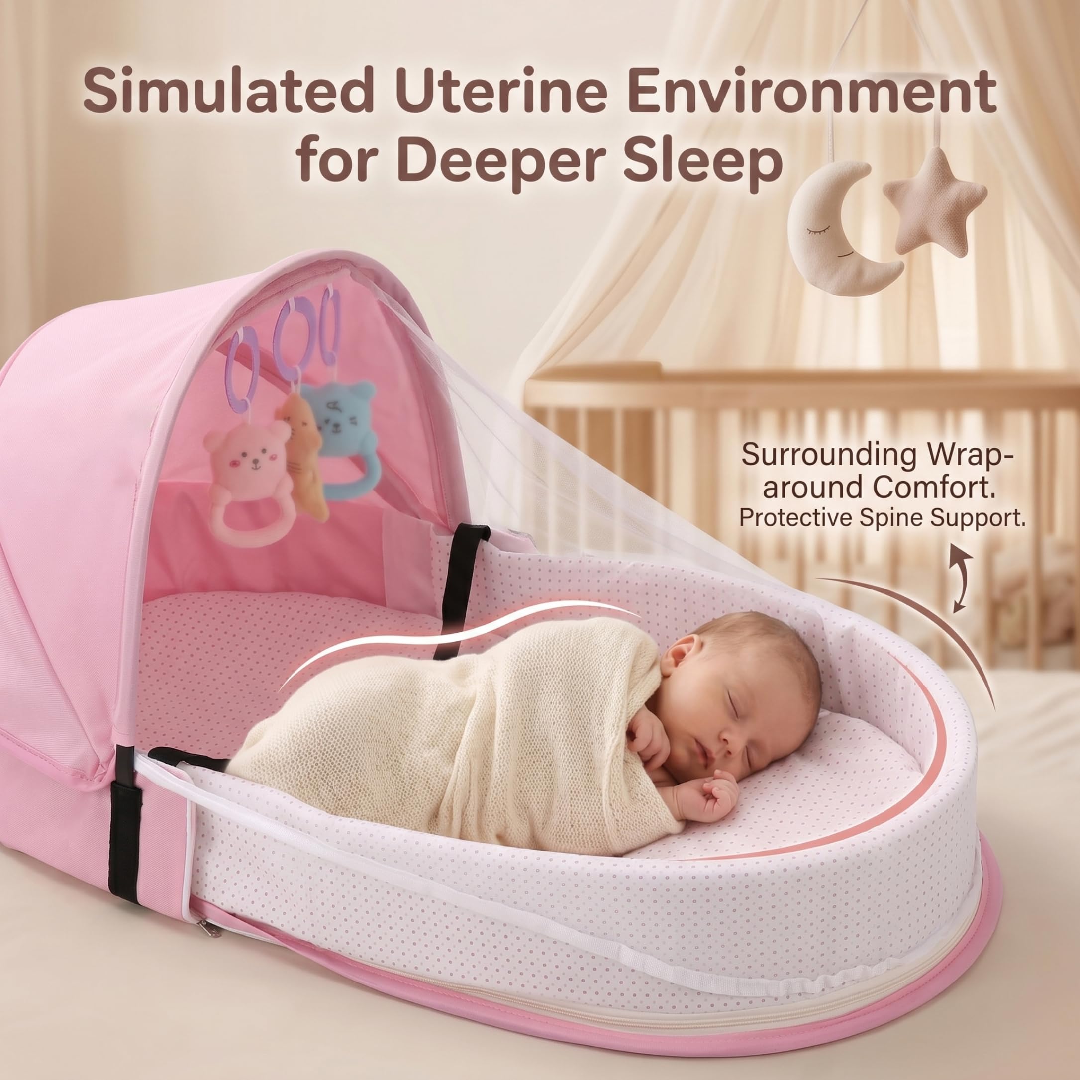 Lettino da viaggio per bambini con rete e cappottina, tenda per bambini portatile, lettino pieghevole con barra giochi, traspirante per età da 0 a 18 mesi, rosa