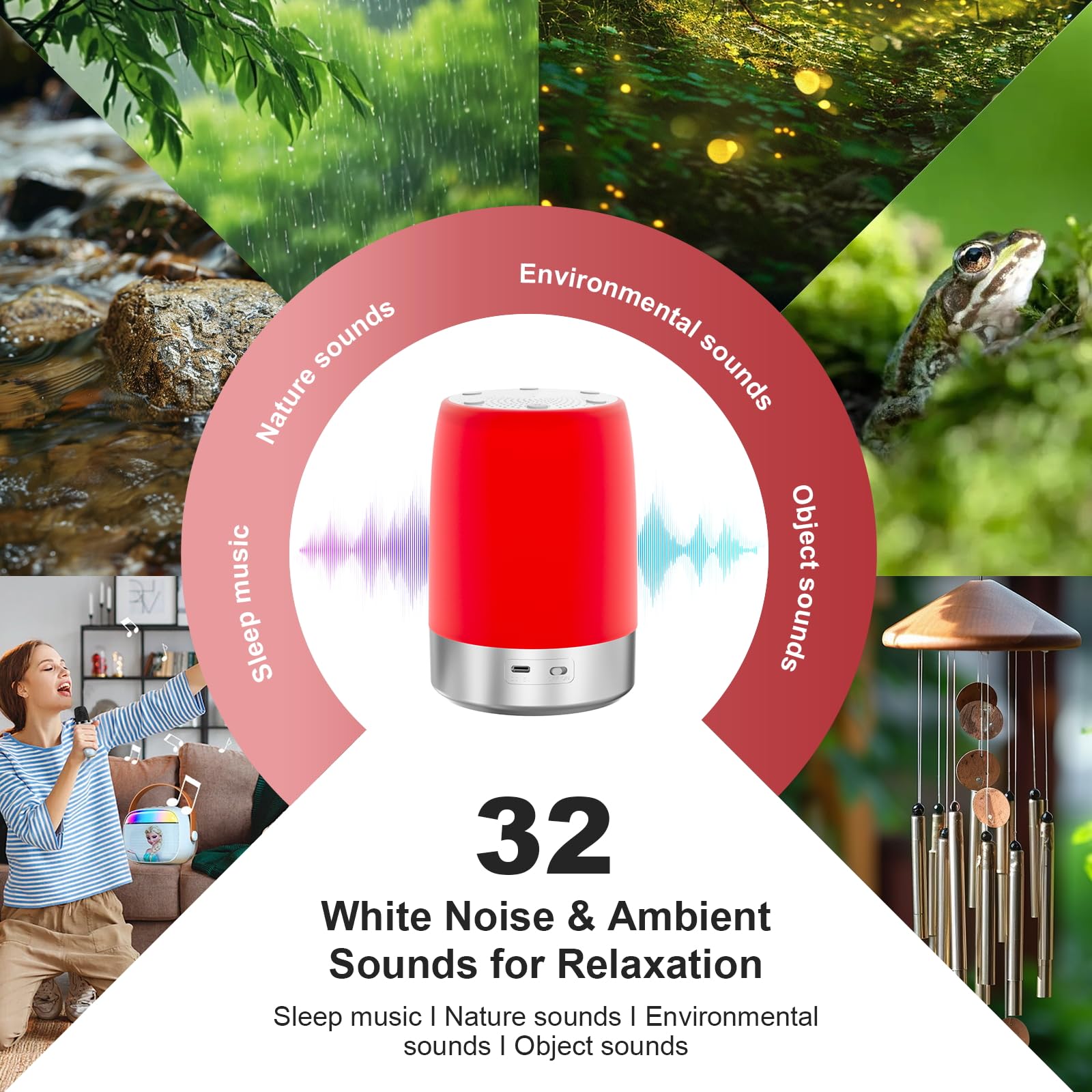 Red Light Sleep Sound Machine – Night Light for Bedroom with 5-Level Red Light Therapy (620–690nm), 32 White Noise & Nature Sounds, Smart App Control, Timer & Wake-Up Alarm Clock