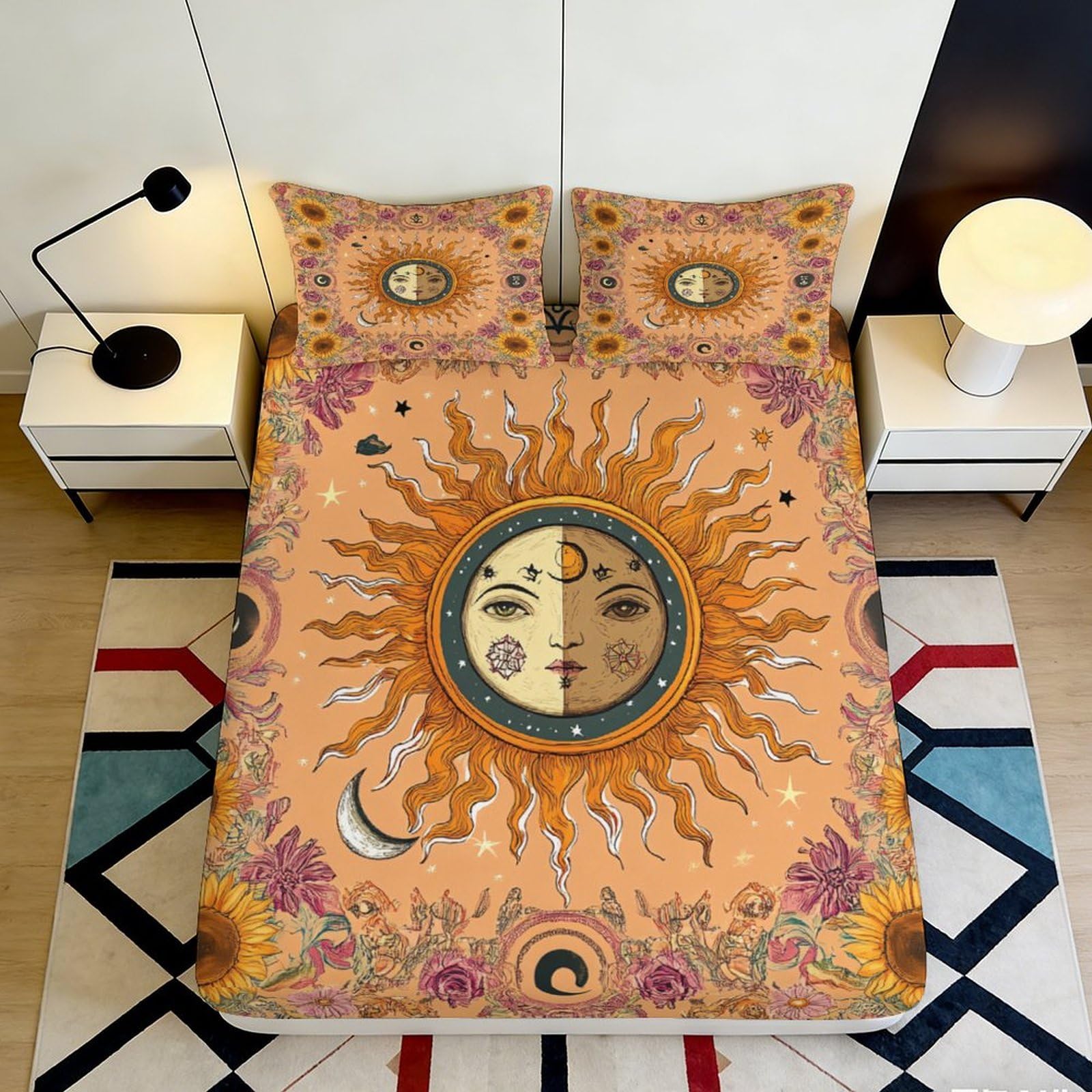 3D Printed Sun Moon Mandala Fitted Sheet Microfiber Soft Bedroom Decor Celestial Bed Cover for Home Dorm Mattress Protection 90x200x25cm