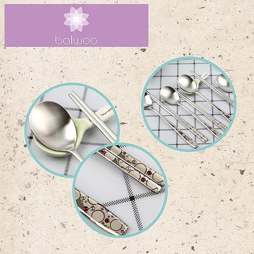 Miniatura 4 de 5 Sets Hecho en Corea Juego de palillos pegajosos de cuchara de arroz estilo coreano 430 cucharas de sopa de acero inoxidable para ramen, palillos