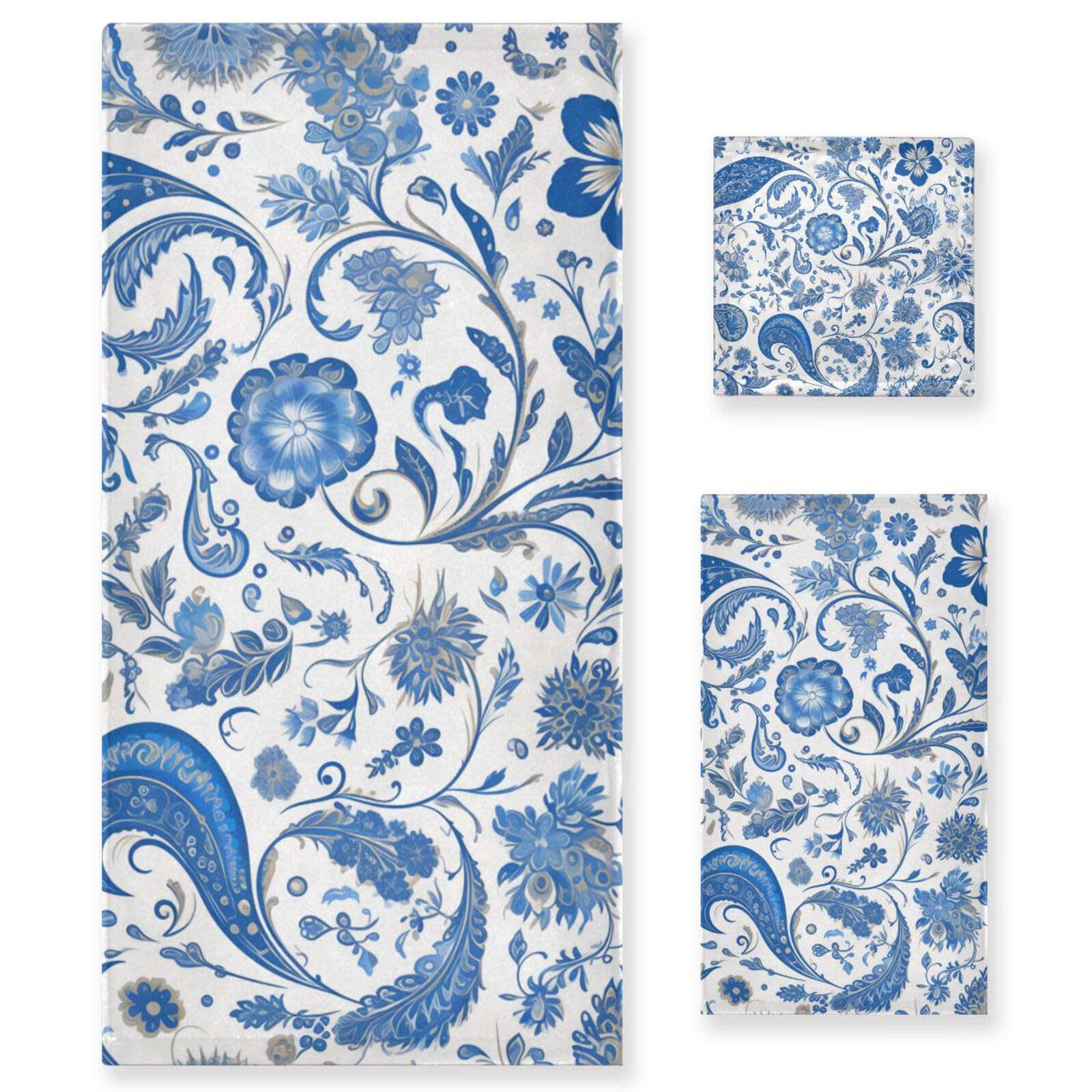 Set di 3 asciugamani da viso vintage blu con motivo floreale ad asciugatura rapida, 1 asciugamano da bagno, 1 asciugamano per le mani, 1 panno per la casa, cucina e famiglia