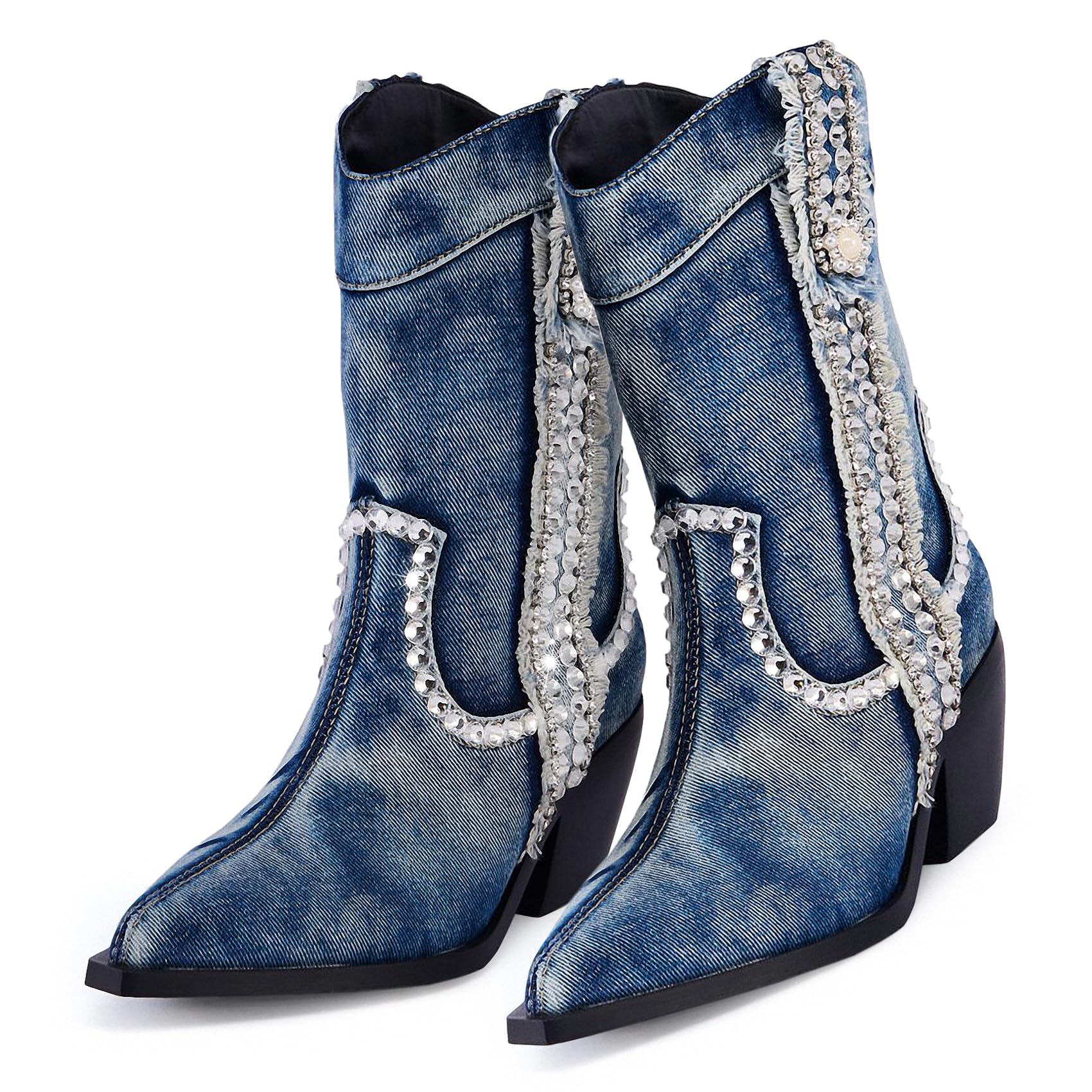 Rhinestones Denim Boots for Women Sparkly Wide Calf Cowboy Boots Almond Pointed Toe Chunky Block Heel Jean Mid
