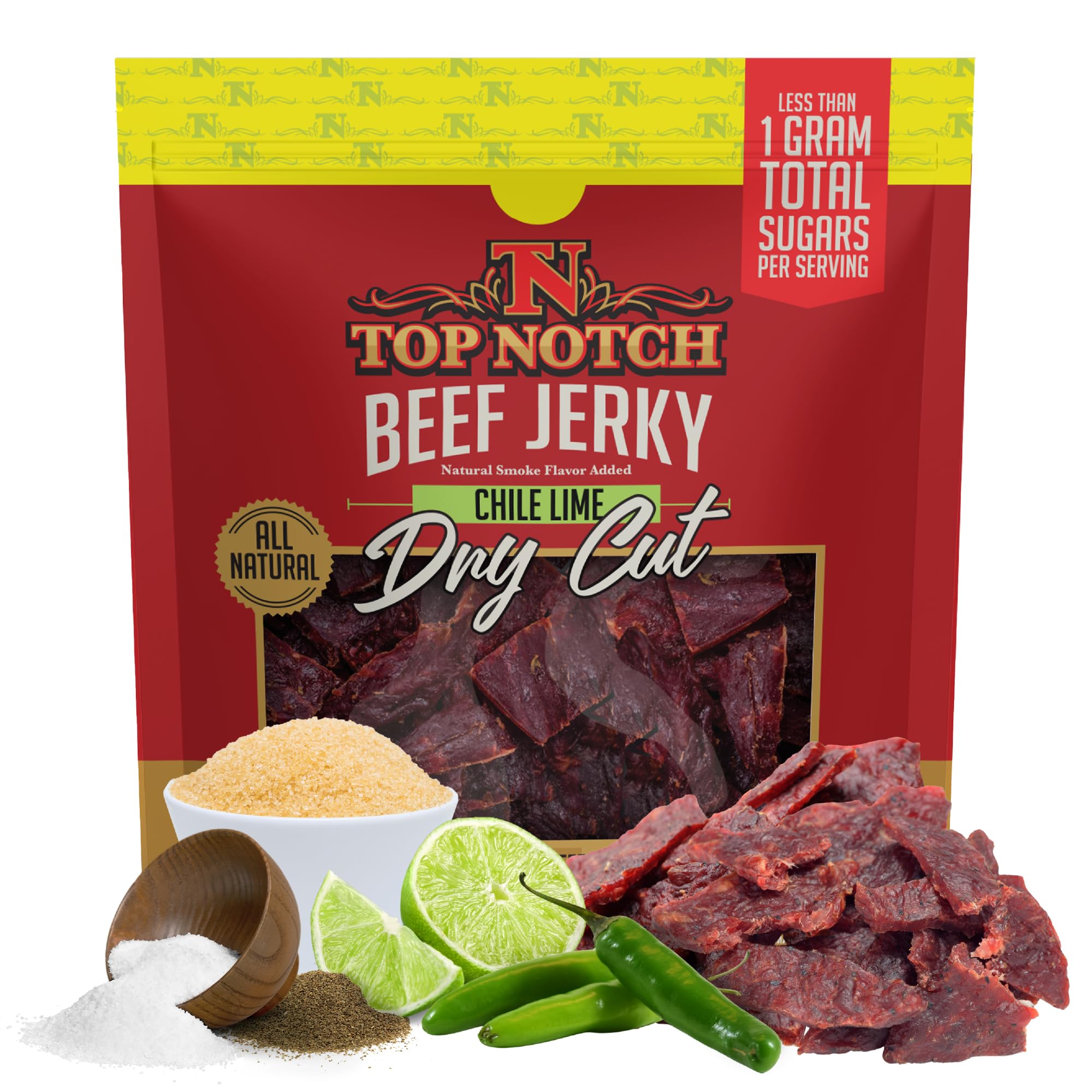 Top Notch Dry Cut Jerky – 2.2 oz Bag of Classic Dry Style Beef Jerky - High Protein Snacks for Kids and Adults Made From Locally Raised Beef, No
