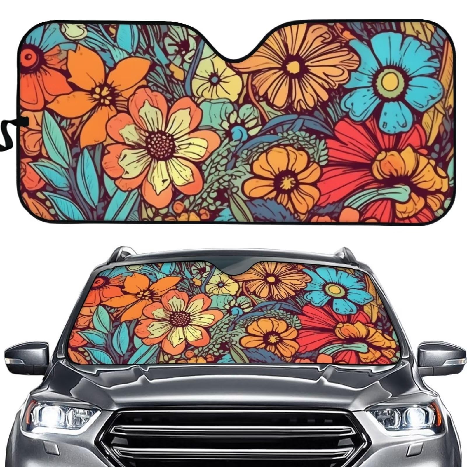DISNIMO Abstract Groovy Flower Car Front Window Sun Shield Sun Visor Sunshield Glitter Sunshade for Windshield Folding SUV Truck RV Van Car Interior Accessories for Women Girls
