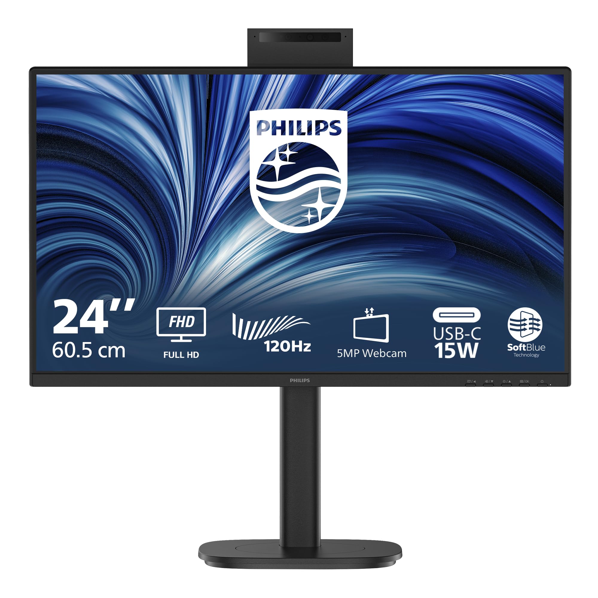Philips Monitor 24B2N3200JH 24 pollici 1920x1080, FHD, 120Hz, IPS Panel, 4ms GtG, USB HubWebcam, Speakers, Height Adjustment, (HDMI1x 1.4 DP 1x 1.2) Nero