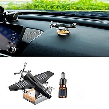 DETACHI Solar Dashboard Airplane Wooden Base Air Freshner Diffuser, Alloy Solar Energy Rotating Airplane Ornament for Car (Black), Liquid, 1 Count - image, photos