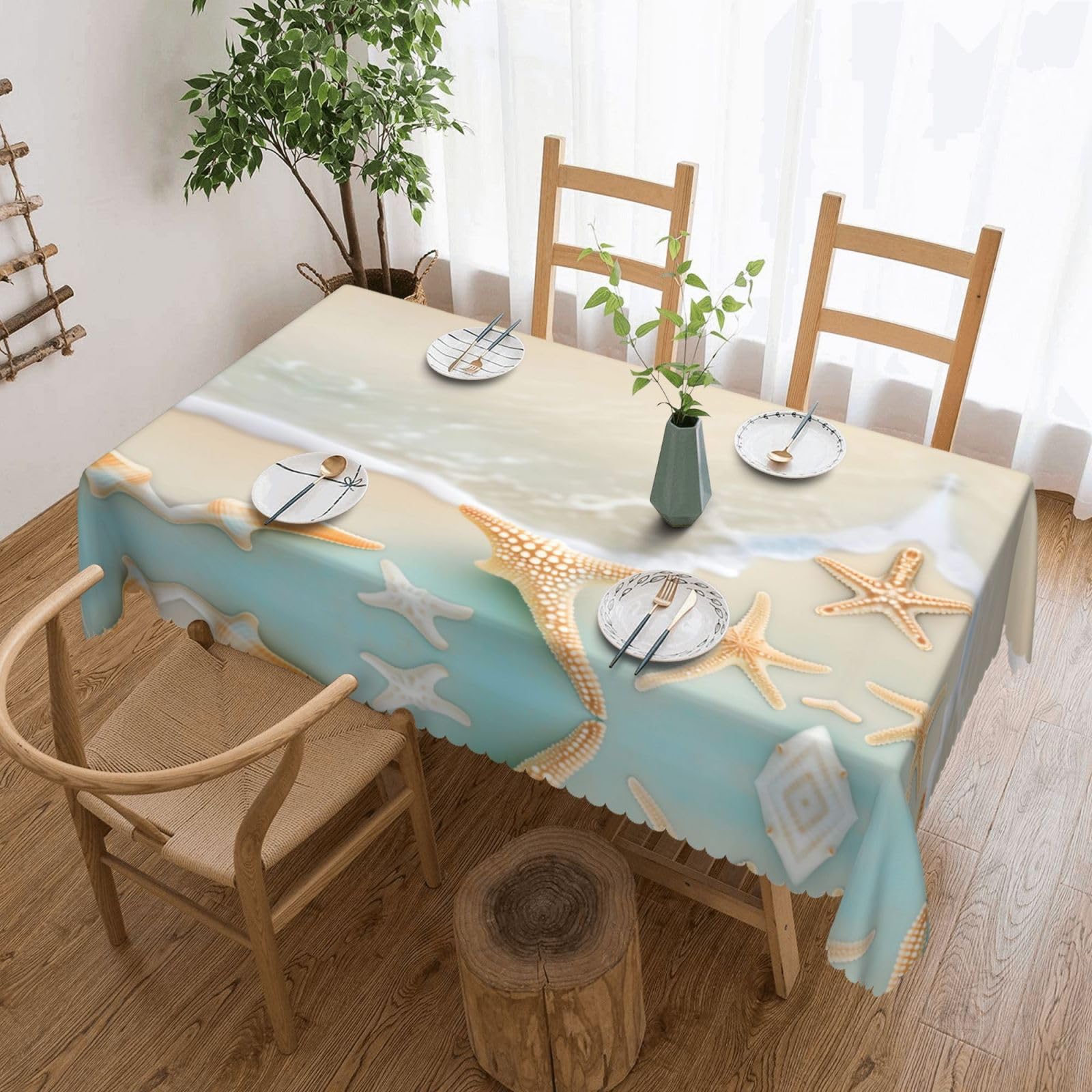 HLSBSSL Beach Starfish Patterned square lace tablecloth, wrinkle-resistant and durable, suitable for dining tables, parties, etc.