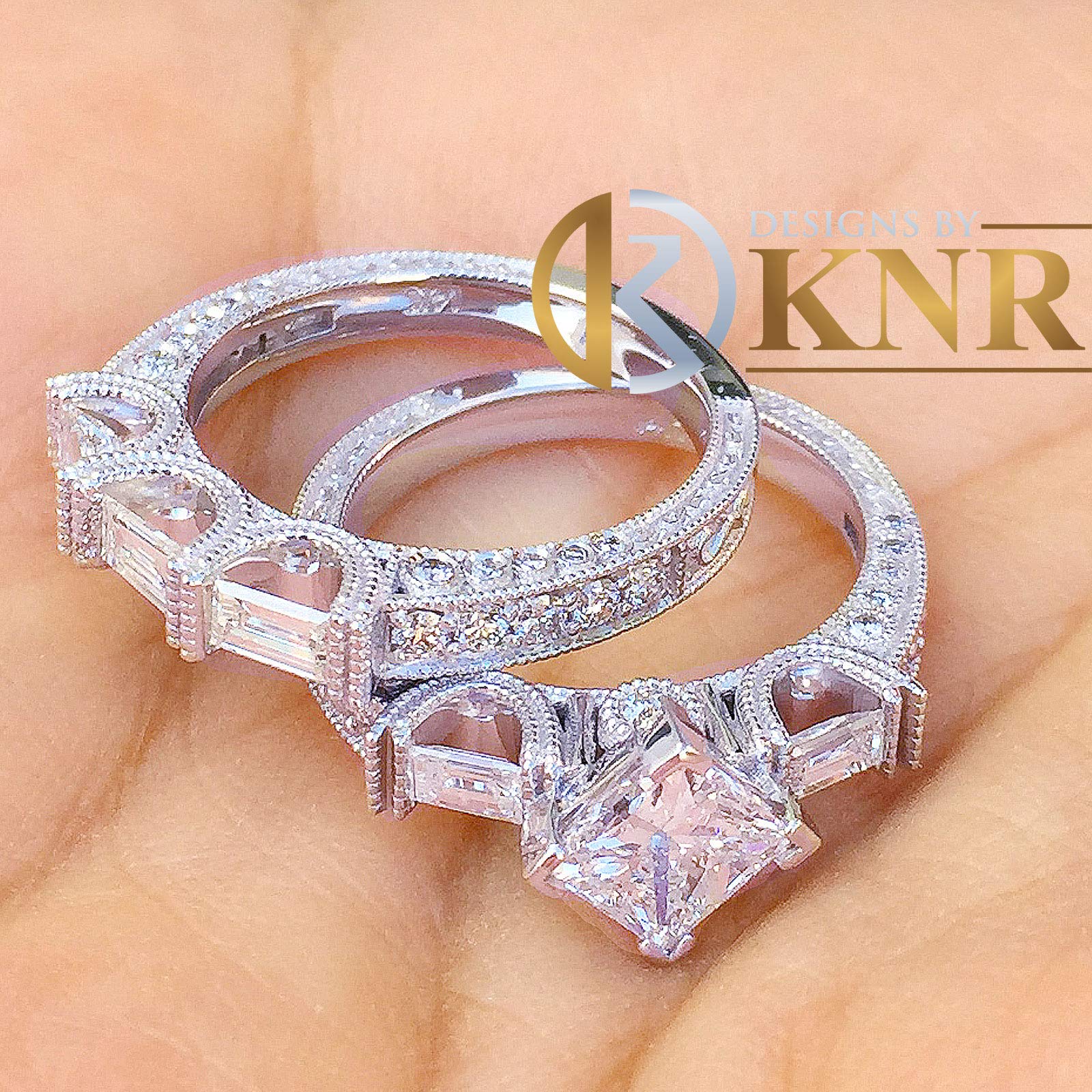 14k Solid White Gold Princess, Baguettes, and Round Cut Simulated Diamond Engagement Ring And Band Bridal Set Wedding Antique Deco 2.50ctw