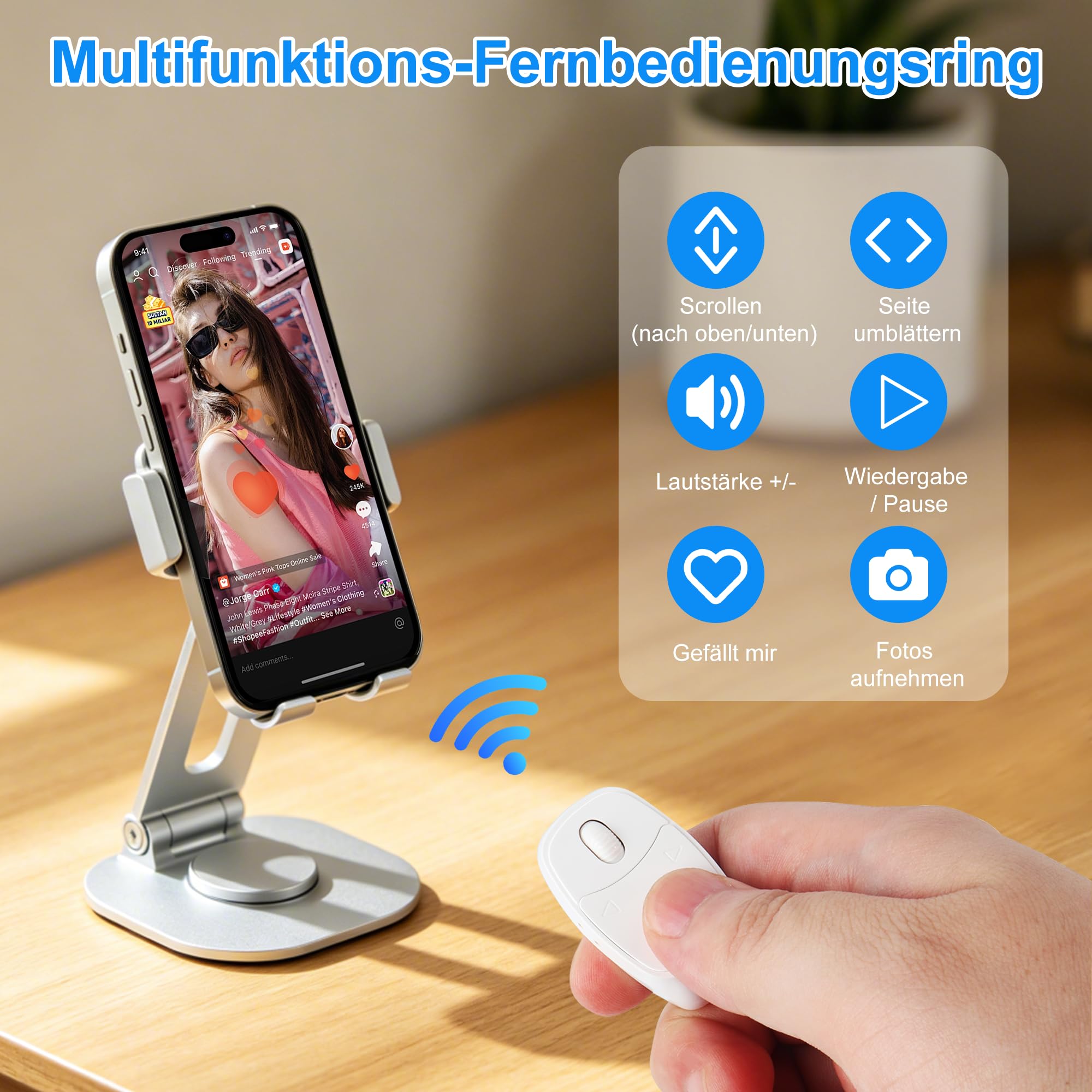 Kabellose Bluetooth-Fernbedienung, TikTok-Scrolling Ring Wiederaufladbarer mit Ladehülle, Remote Kurzvideo, Kamera Auslöser, E-Book PPT Seitenwender, für Smartphone Tablet Zuhause Reisen Büro-Weiß