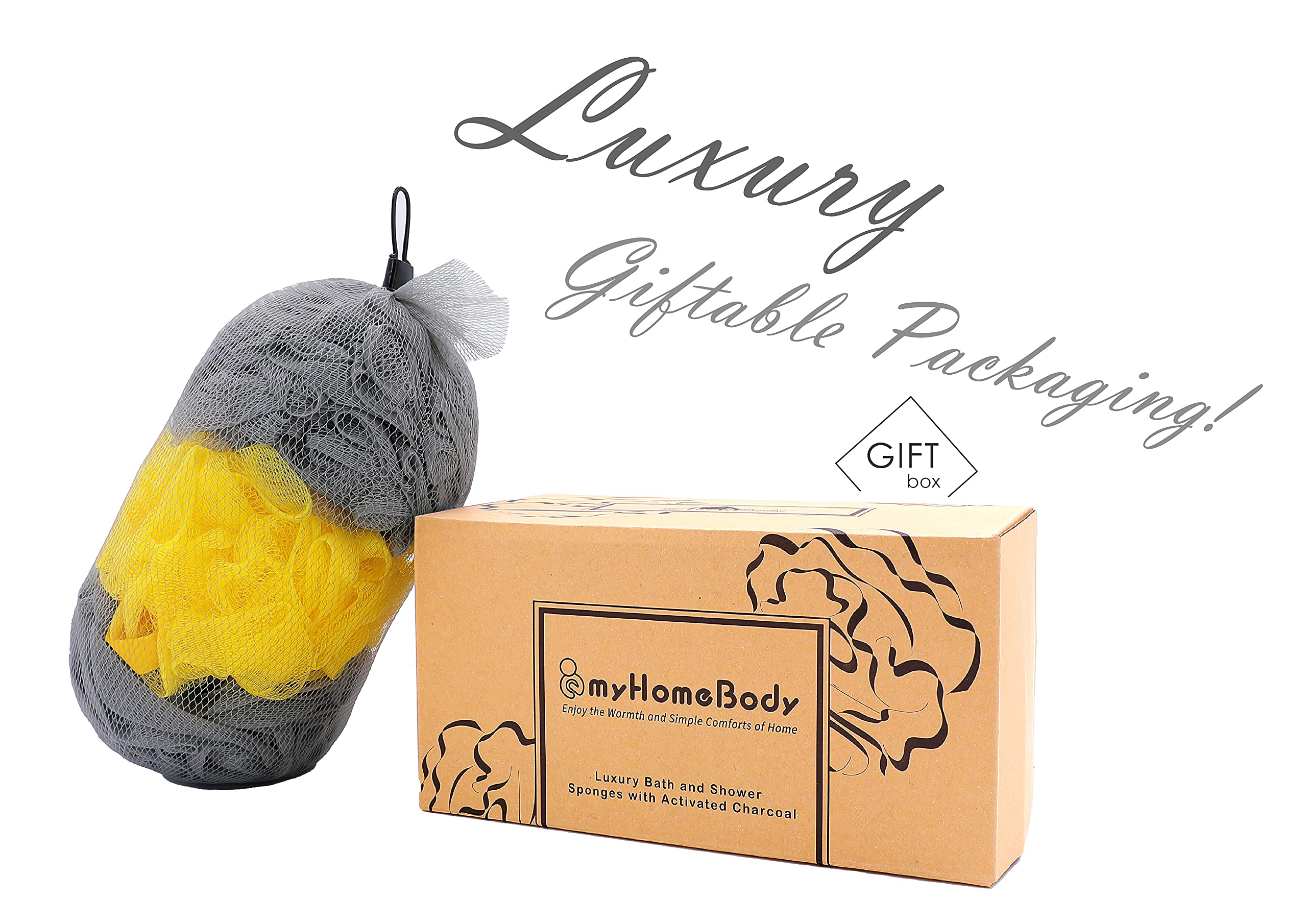 myHomeBody Duża gąbka luffa 70 g, myjka do ciała, gąbka do kąpieli, luffa dla kobiet, mężczyzn, gąbka złuszczająca pufa prysznicowa z węglem aktywnym - 2 Ultimate Gray + 1 świecący żółty, 3 szt