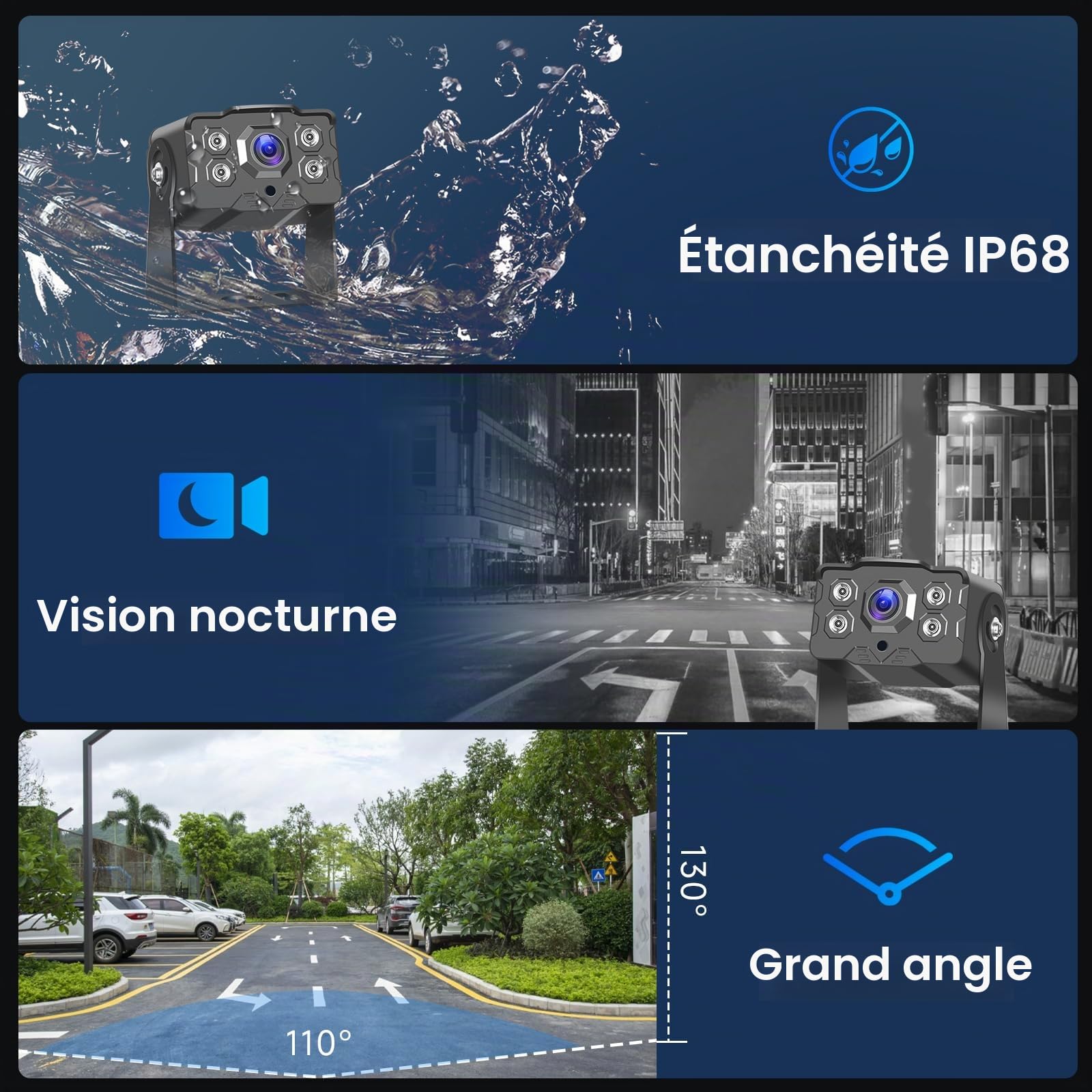 Caméra de Recul 1080P HD Moniteur IPS 7 Pouces Kit 2 caméras, Camera Recul Voiture Étanche IP68 IR Vision Nocturne pour Camions, Bus, Camionnettes, Camping-Cars, Câble 10M+Câble 15M