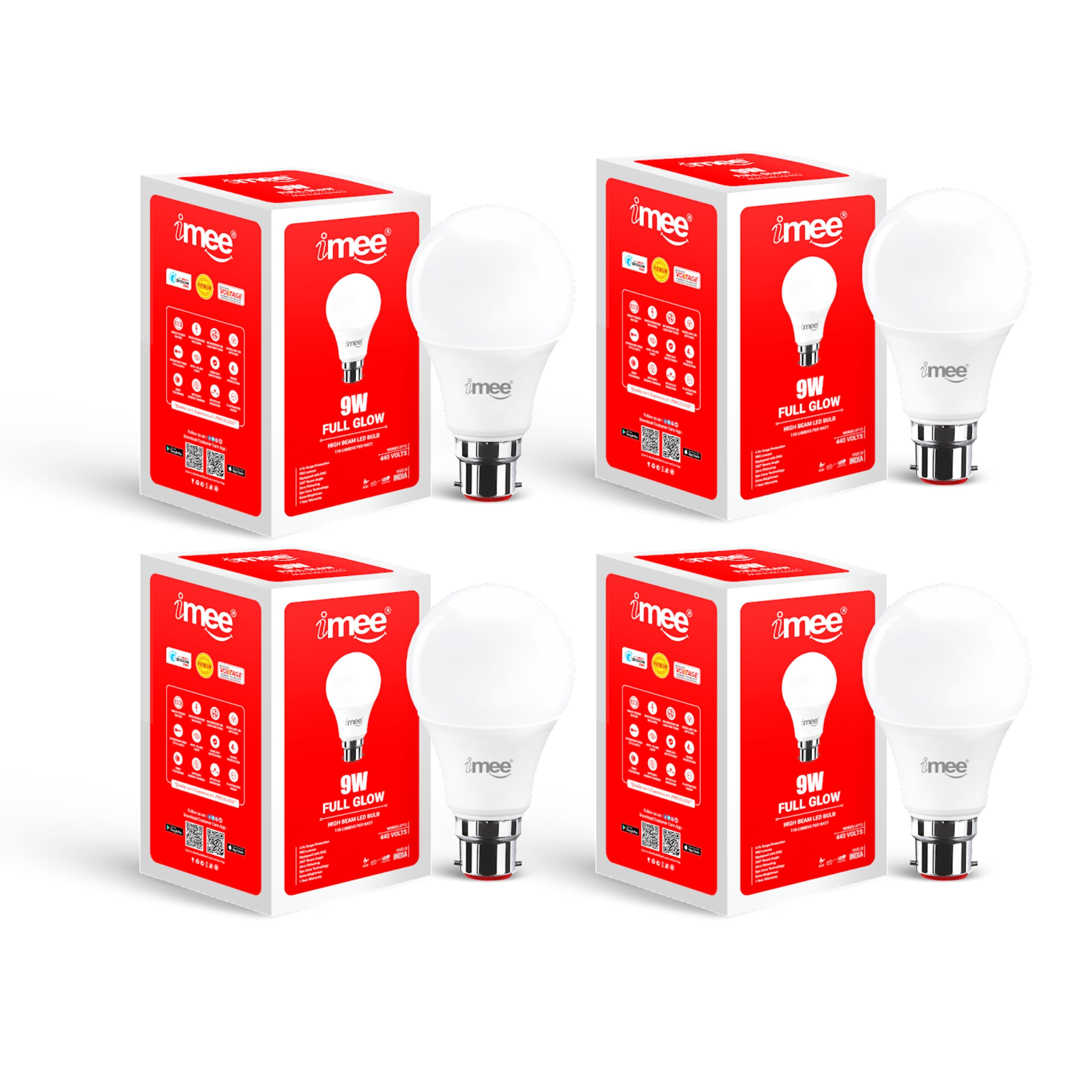 Yours Choice imee LED Bulb 9W High Beam Unbreakable 990 Lumens, White light LED Bulb | Energy-efficient | LED B22 Base Bulb (Cool Day Light) - Pack of 4