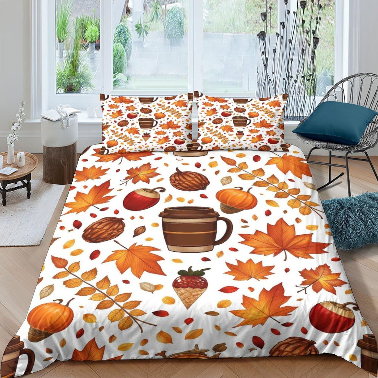 Ctjqhvkz Style-7 3D Printed Autumn Leaves Fitted Sheet Microfiber Pumpkin Coffee Bed Cover Bedroom Dorm Mattress Protector Decor Single（135X200cm）