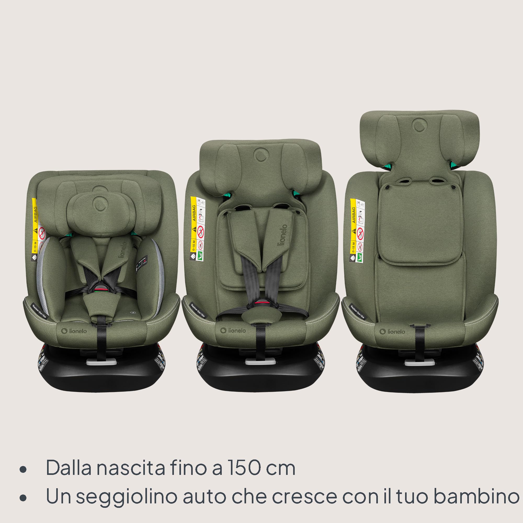 Lionelo Bastiaan i-Size Seggiolino Auto Evolutivo 4-in-1 per bambini 0-12 Anni (40-150 cm) ISOFIX e l'ultima Norma R129 Opzione Rivolto All'indietro, 21 Regolazioni, Girevole 360° Protezione Laterale