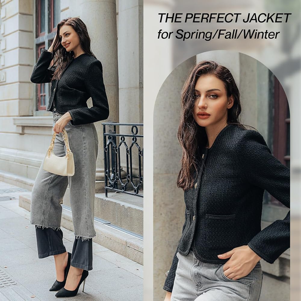 URBAN REVIVO Tweed Casual Blazer Jacket for Women Cropped