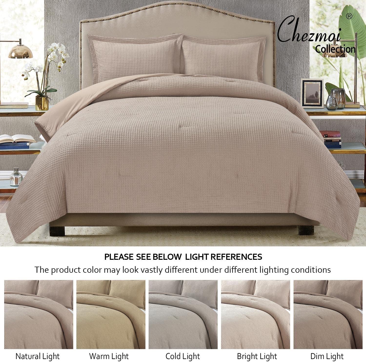 Chezmoi Collection Wilmer 3-Piece Waffle Weave Comforter Set - Soft and Cozy All Season Bedding Set, Queen, Ivory Cream