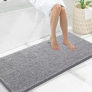 Smiry Luxury Chenille Bathroom Rugs 47x20, Extra Soft and Absorbent Shaggy Bath Mat, Machine Washable, Non-Slip Plush Carpet Runner for Tub, Shower, and Floor, Home Decor Accessories, Grey