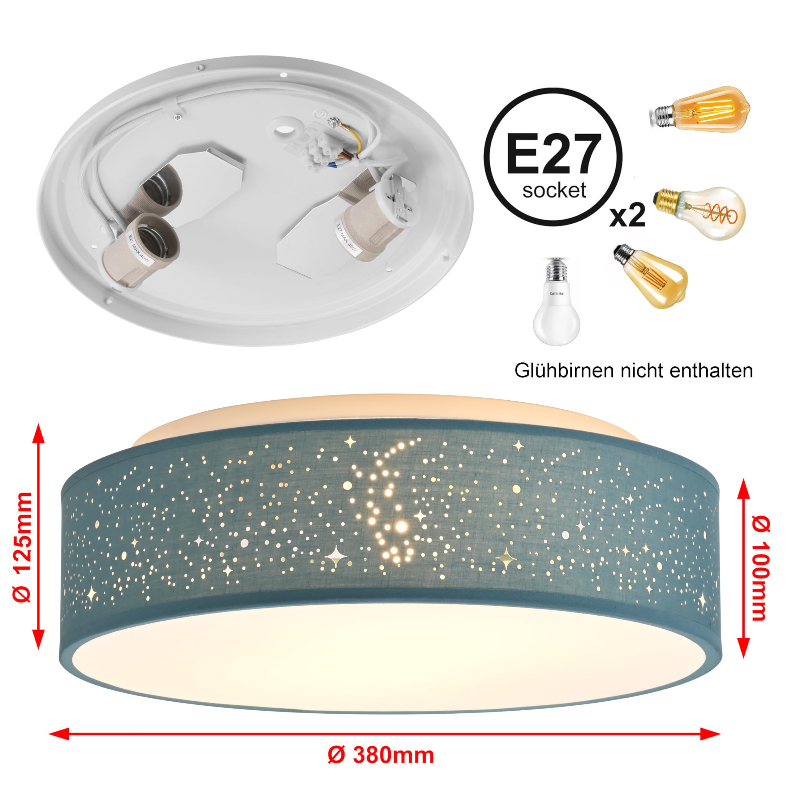 Zedelmaier Deckenlampe Stoff 38cm E27x2 max.40W Deckenleuchte mit Sternenhimmel Wohnzimmer Schlafzimmer Kinderzimmer Flur Küche Lampe Decke Stoffdeckenlampe Rund (Aschblau sterneneffekt, Ø38x12,5cm)