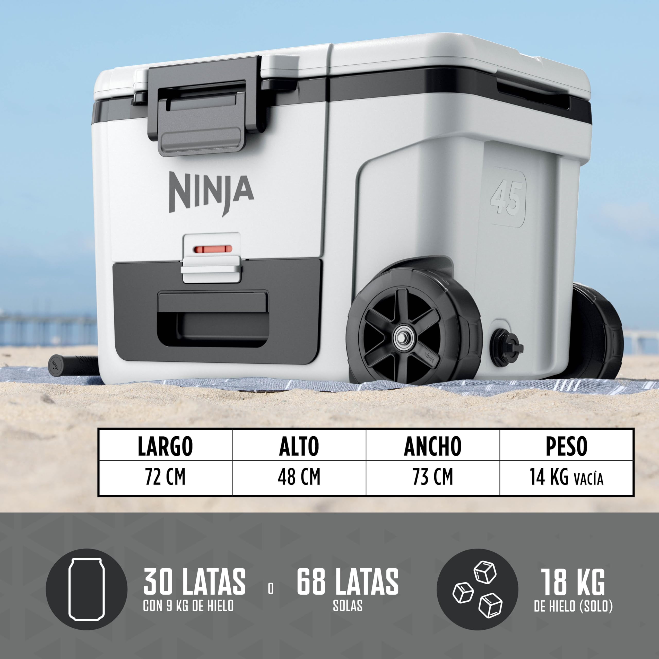Ninja FrostVault, Nevera Portátil Rígida, Blanco Nube, FB245EUWH | Con Ruedas y Cajón Dry Zone Integrado a Temperatura de Frigorífico, Mantiene el Hielo durante Días, Capacidad para 68 Latas