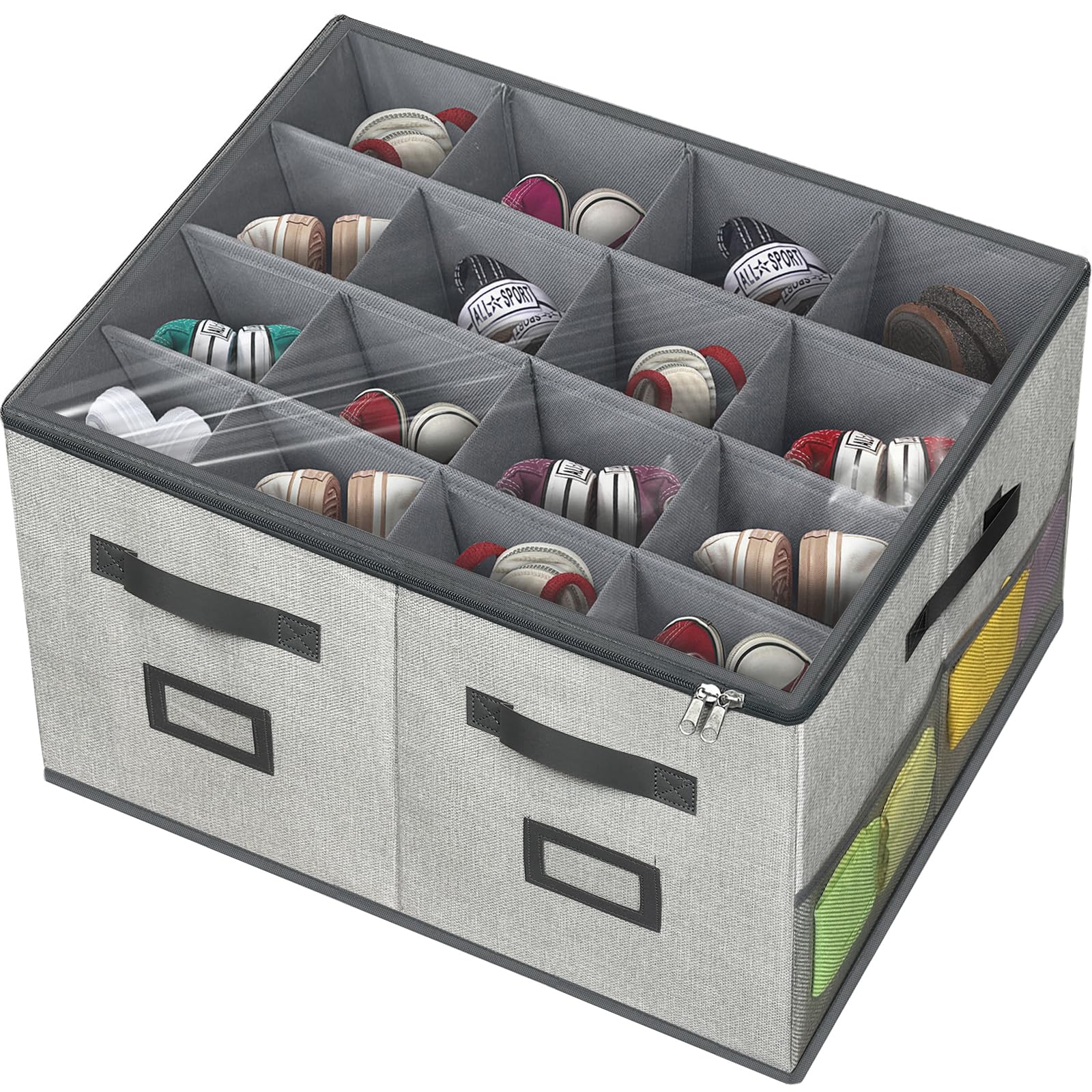 VERONLY Cajas Para Zapatos, Organizador de Zapatos Para Armario Con tapas Transparentes, Ahorra Espacio Cajas Almacenaje Zapatos, Plegable, Caben 16 Pares, Con Asas Reforzadas, Gris