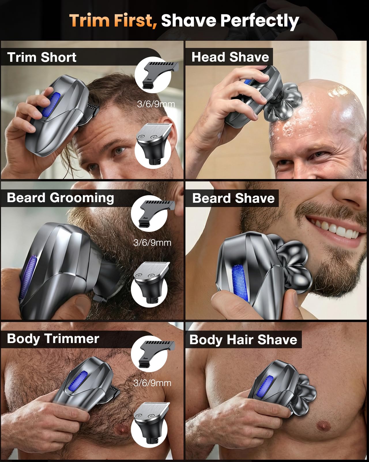 Rasoio elettrico 5 in 1, per uomini calvi, 7D, galleggiante, IPX7, impermeabile, ricaricabile, per testa calva, peli del corpo, con massaggiatore, grigio