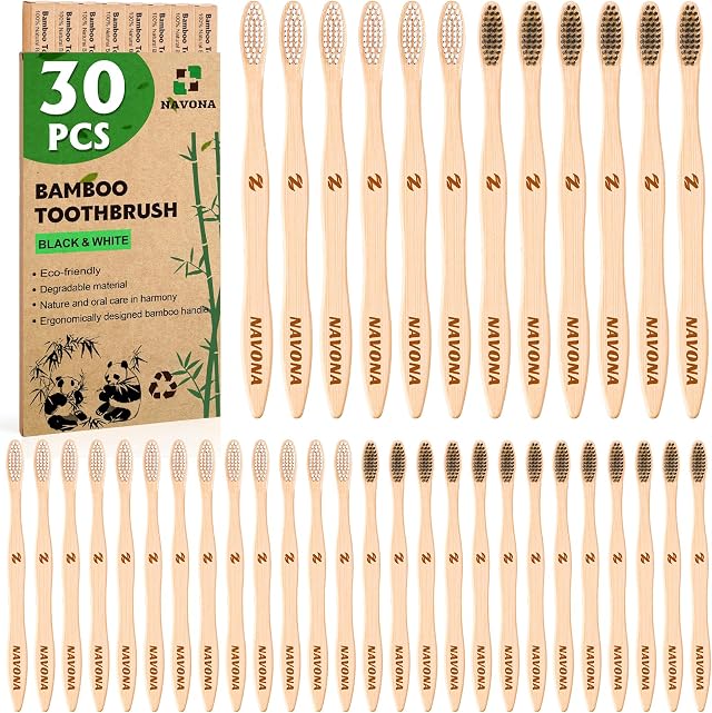 Navona Paquete de 30 cepillos de dientes de bambú, cepillos de dientes con cerdas suaves medias libres de BPA para adultos, cepillos de dientes de madera natural ecológicos a granel, caja de dos | BPA Free Soft Bristles Toothbrush for Adults, Box of Two Reusable Nature Toothbrush