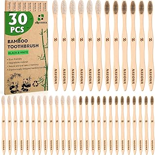 Navona 30 PCS Bamboo Toothbrushes Pack, BPA Free Medium Soft Bristles Toothbrushes for Adults, Eco-Friendly Natural Wooden Toothbrush Bulk, Box of Two Reusable Travel Toothbrush
