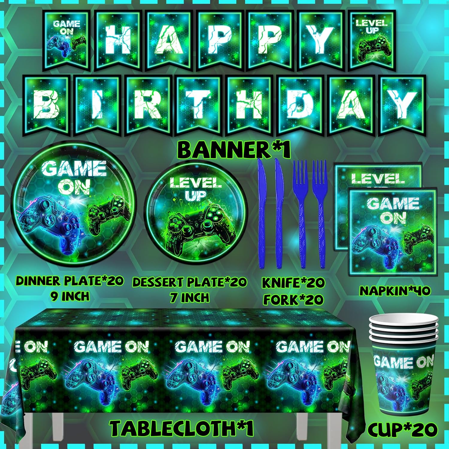 Video Game Decorations Tableware, 142 Pcs Gamer Party Supplies - Plates, Napkins, and Level Up Birthday Decorations for Gaming Party