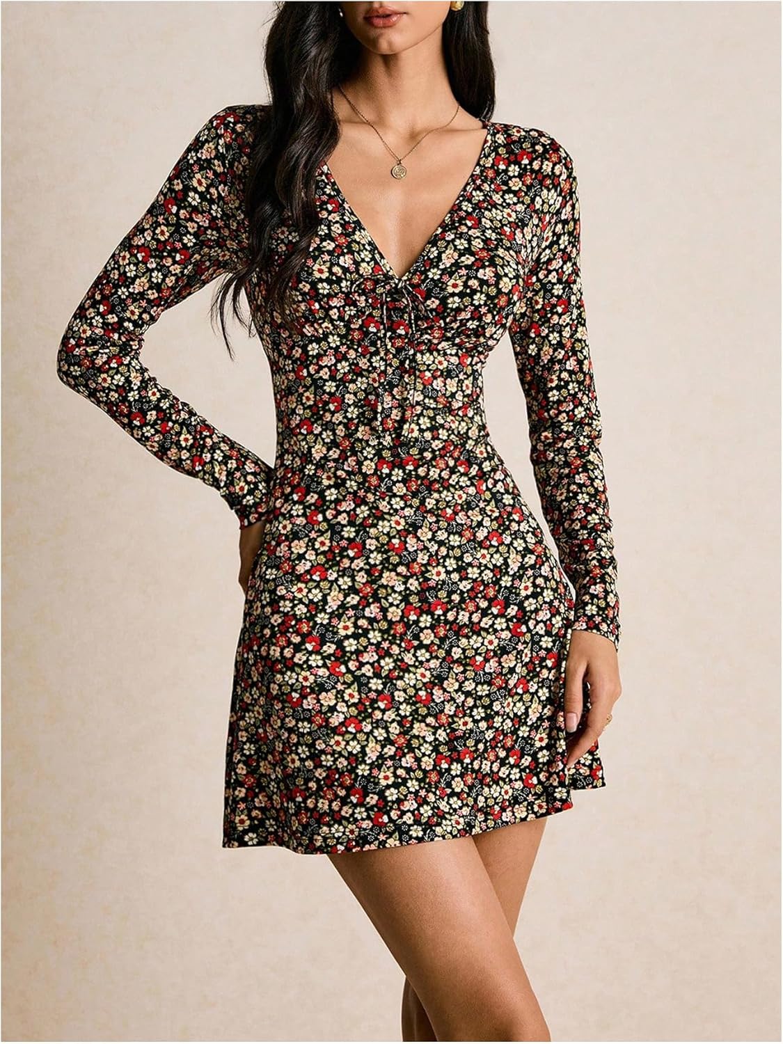 Milumia Women's Boho Floral Long Sleeve Mini Dress Tie Front V Neck A Line Short Dresses - Image 4